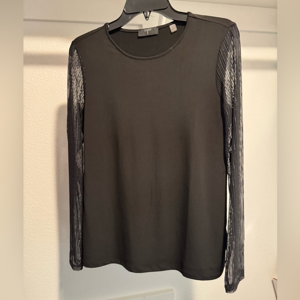 Tahari Elegant Black Long Sleeve Top with Mesh Detail
